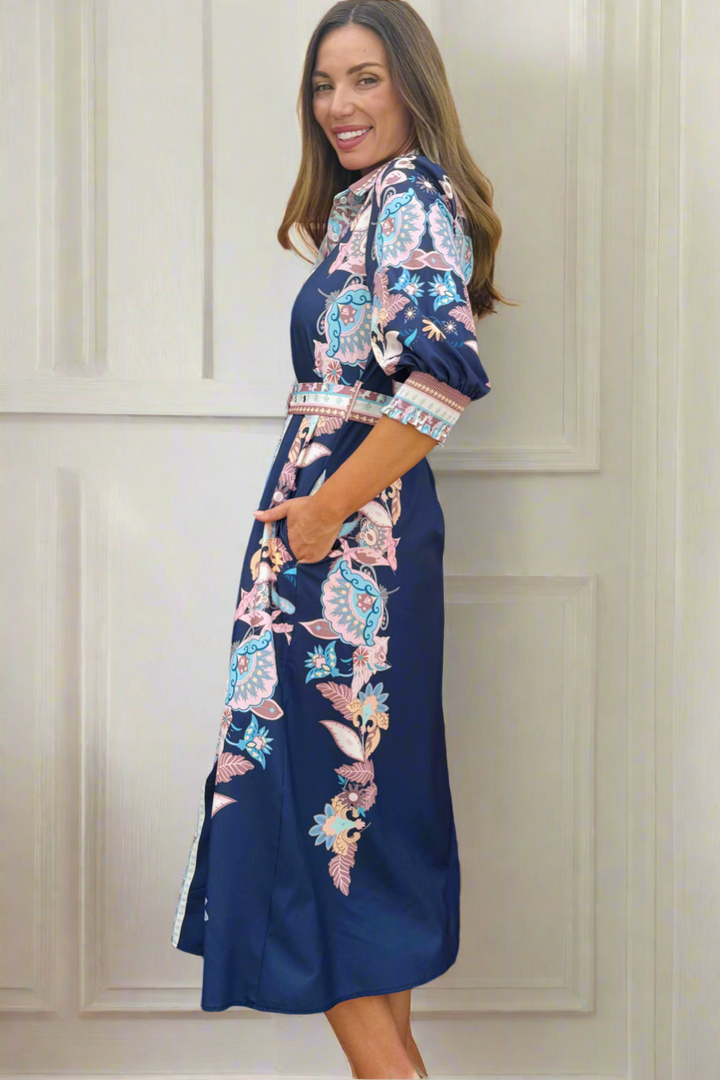 Claudine Midi Print Dress in Navy Print