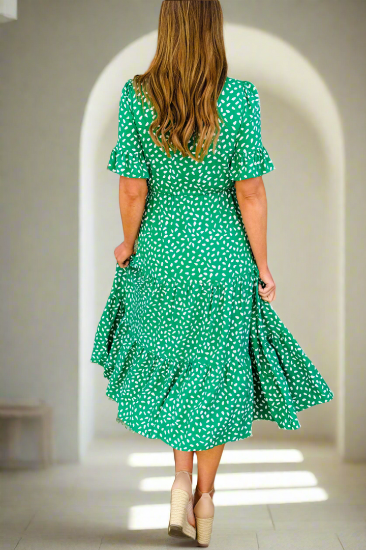 Jeannie Midi Dress  in Apple Green and White