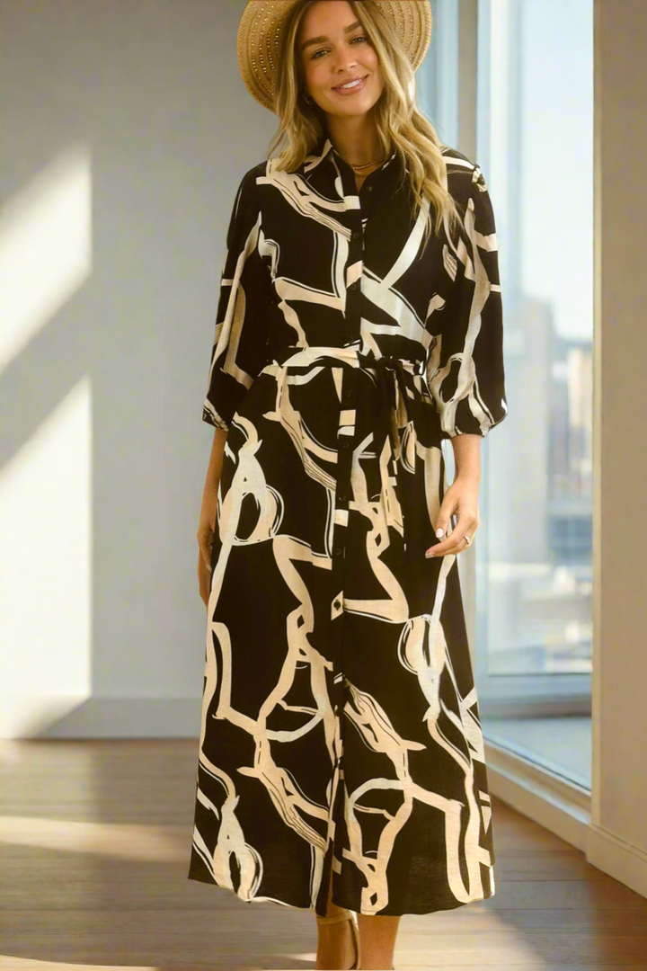 Marlow Midi Shirt Dress in Black and Cream Print
