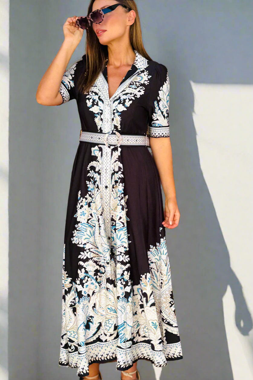 Layla Embroidered Print Maxi Dress in Black