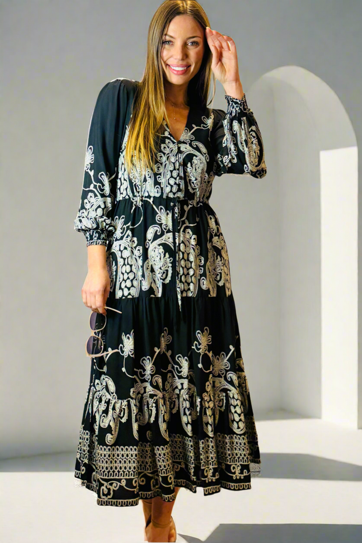 Davina Midi Dress in Black and White Print