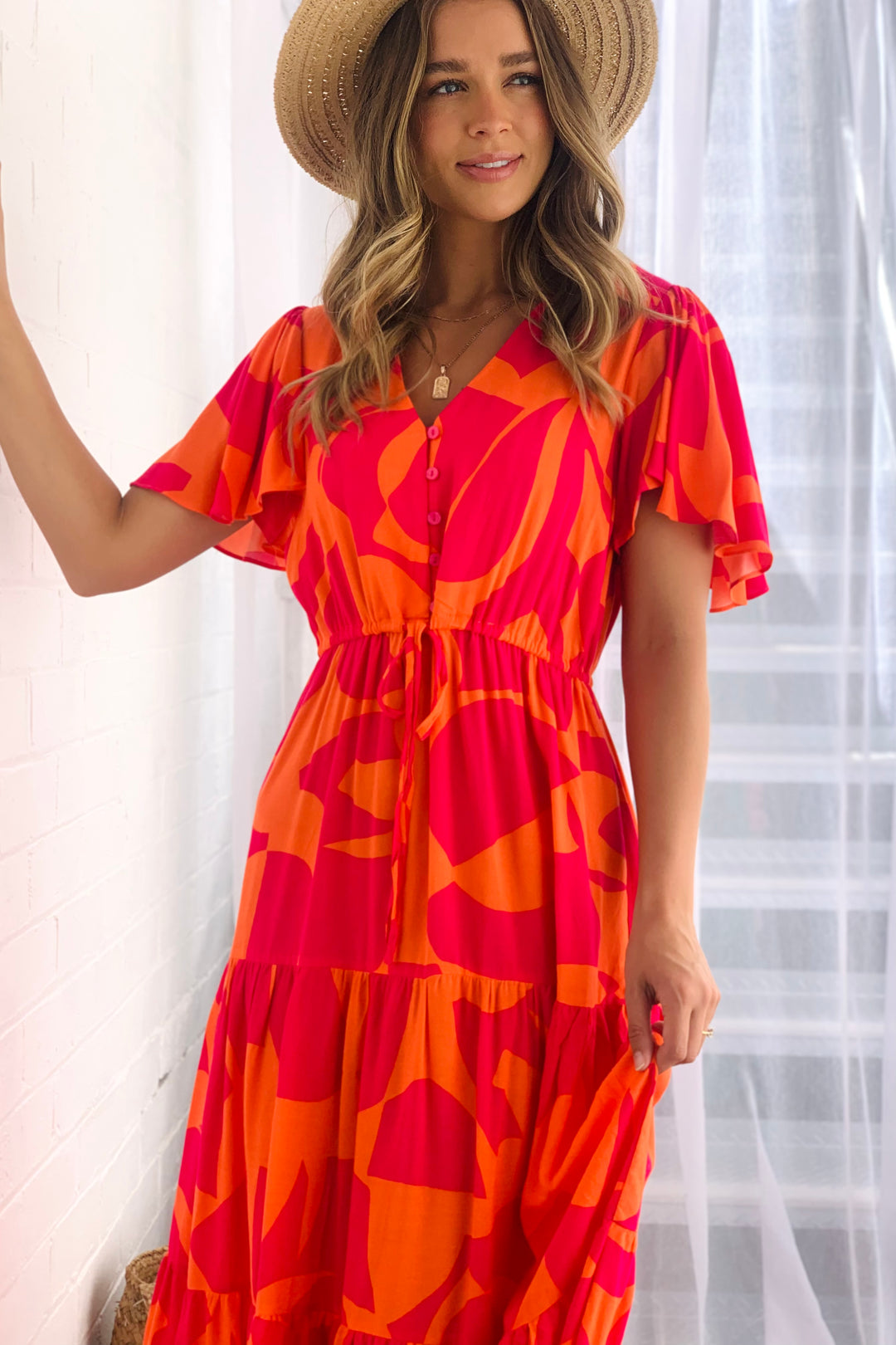 Santorini Midi Dress  in Orange and Hot Pink