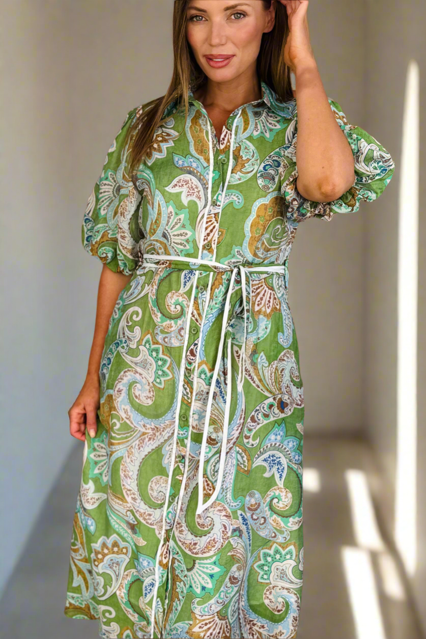 Leah Paisley Dress in Green Print