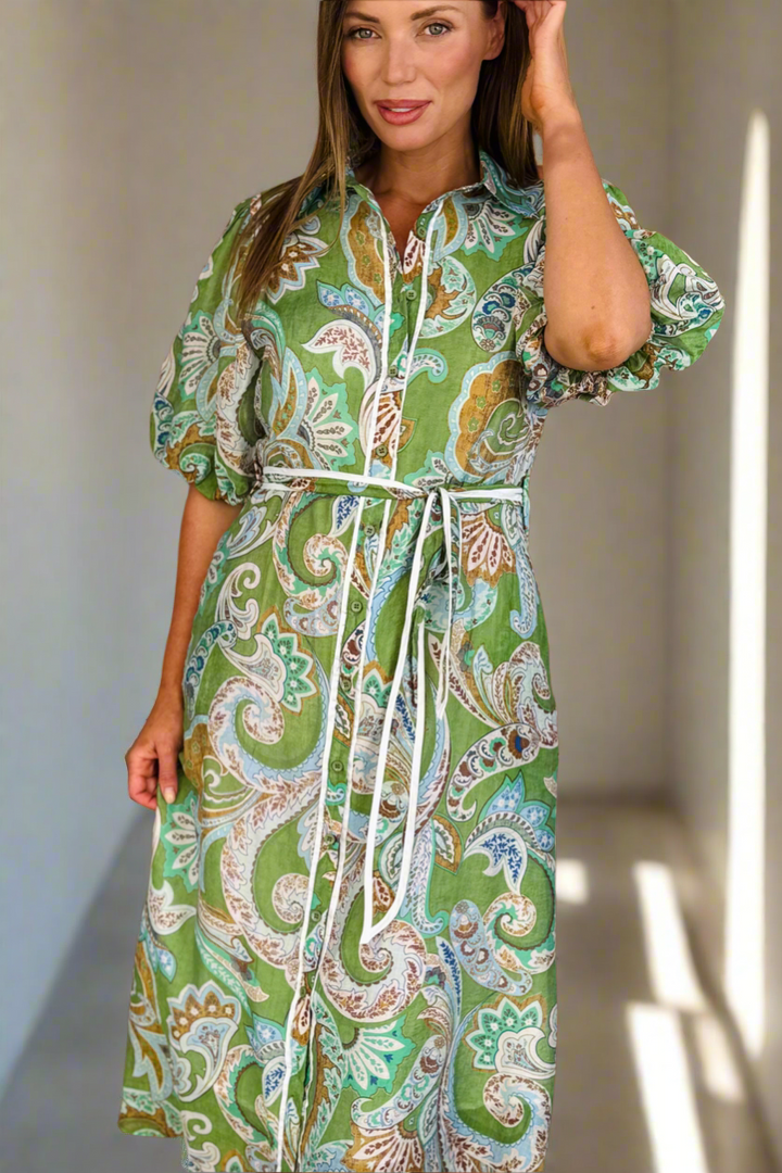 Leah Paisley Dress in Green Print