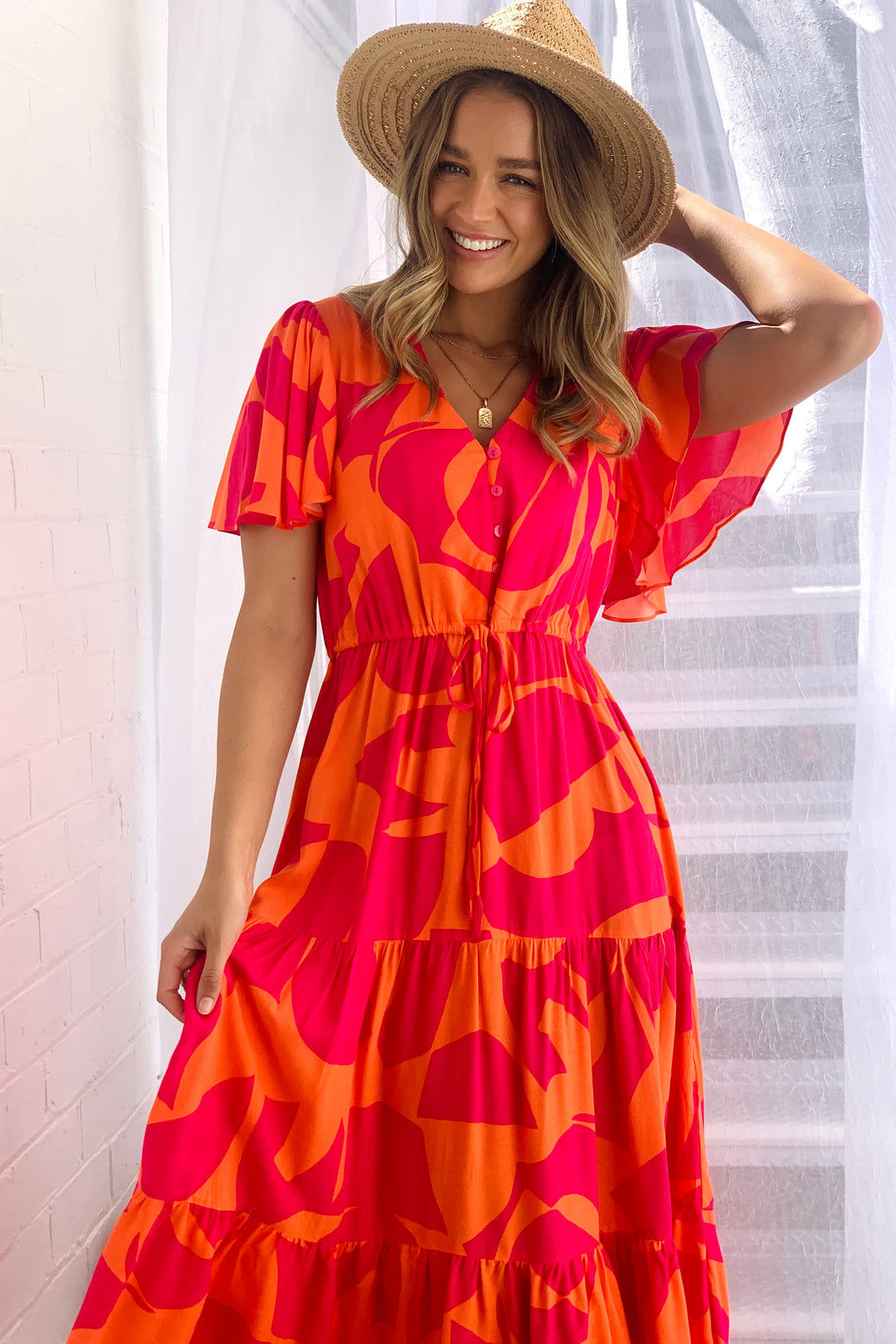 Santorini Midi Dress  in Orange and Hot Pink