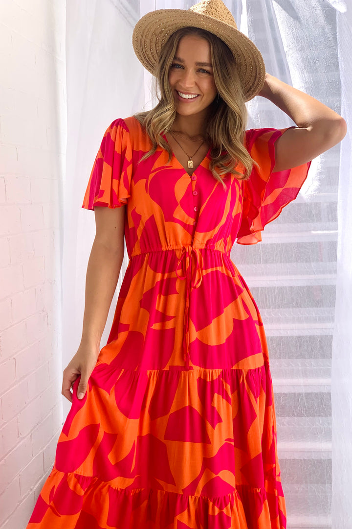 Santorini Midi Dress  in Orange and Hot Pink