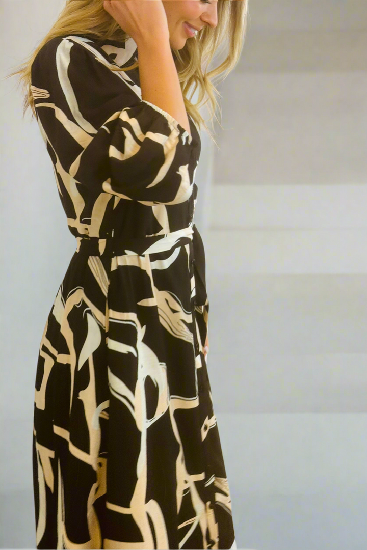 Marlow Midi Shirt Dress in Black and Cream Print