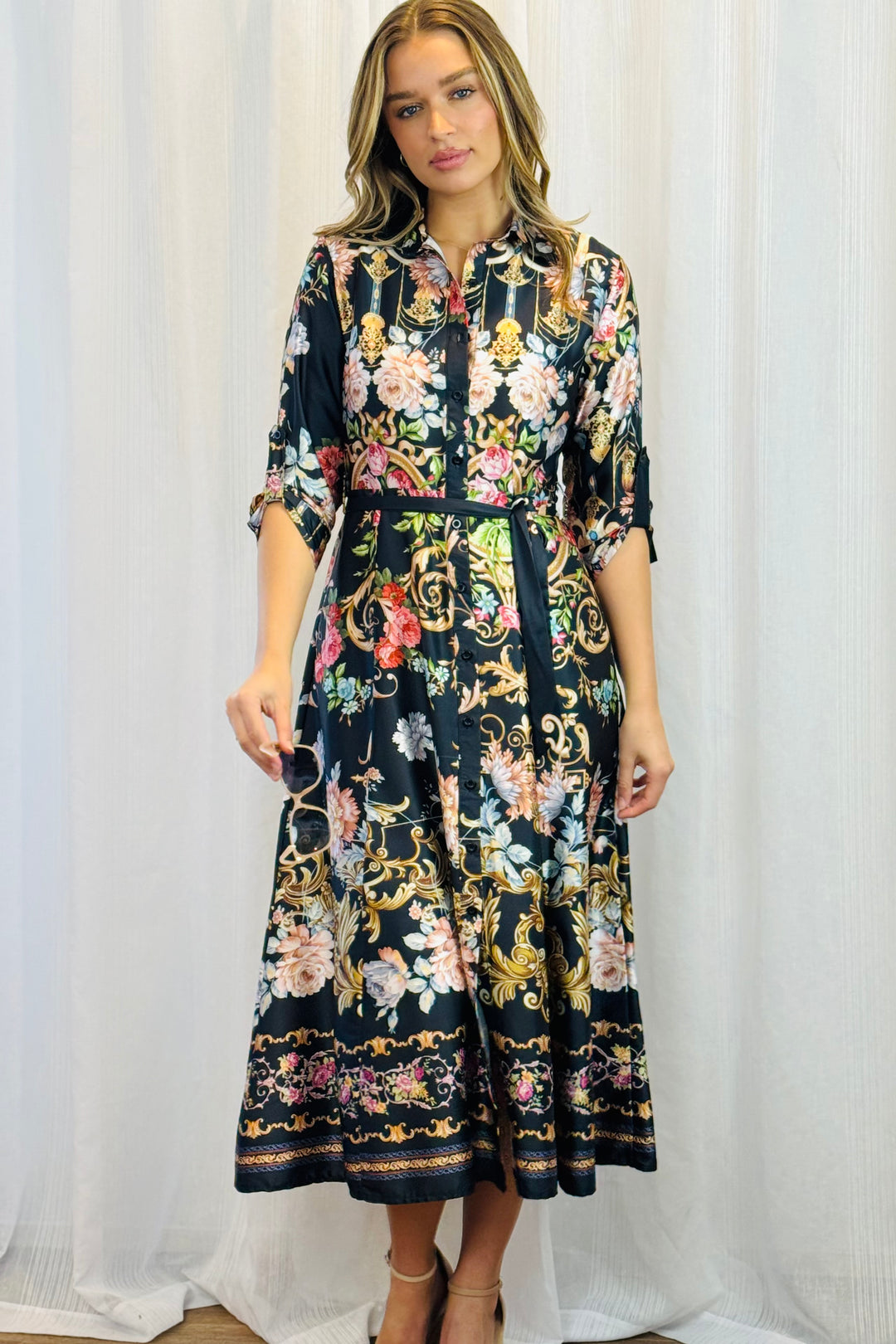 Mileaka Dress in Black With Floral Multi Print.