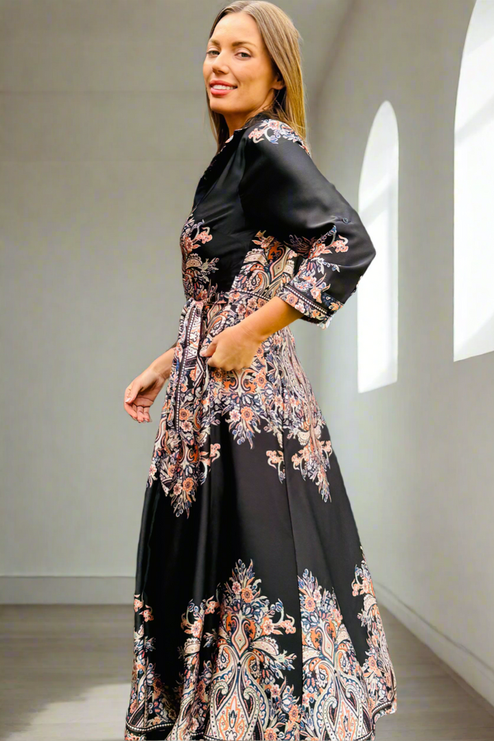Madeline  Shirt Dress In Black Multi Print-New Arrival