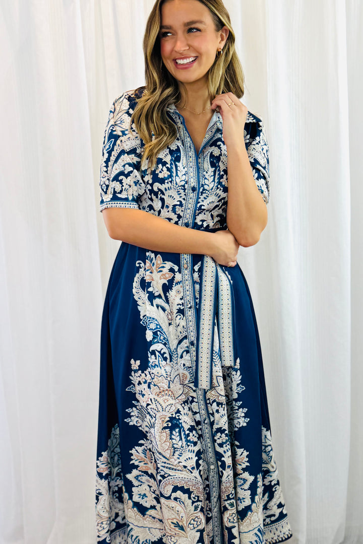 Lopez Embroidered Print Shirt Dress  In Navy