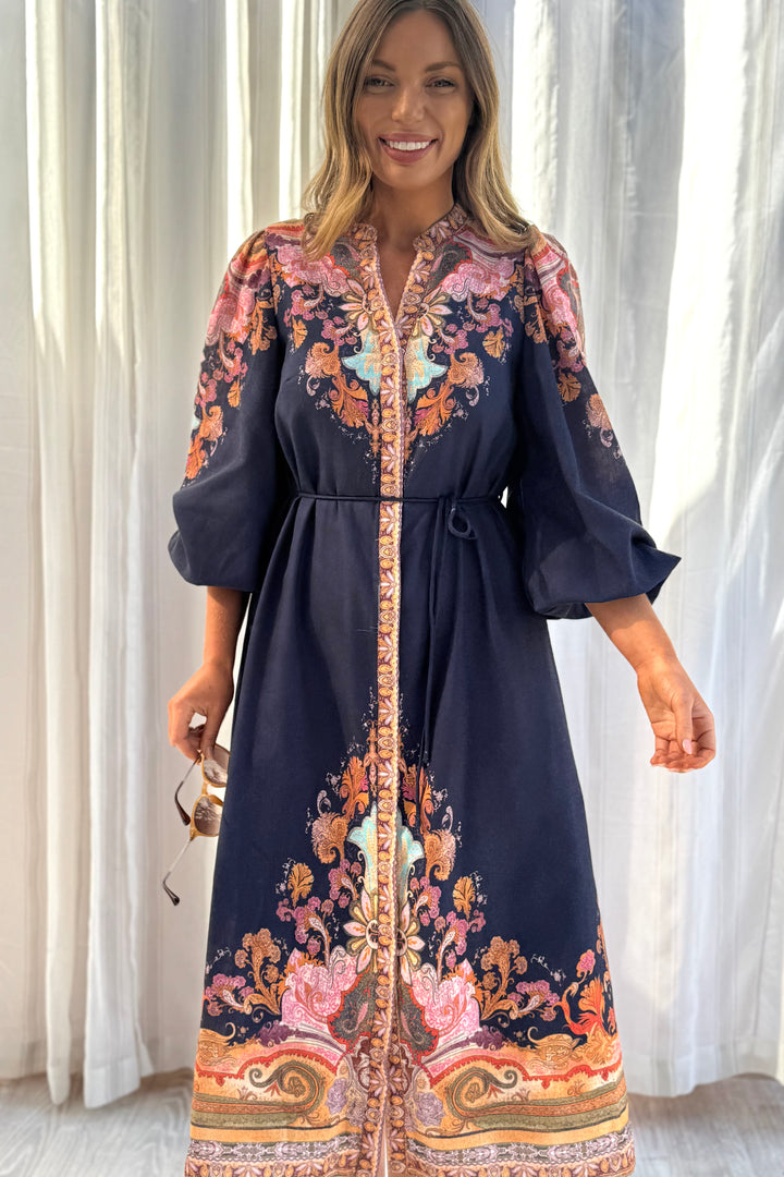 Alani Navy Embroidered Print Midi Dress
