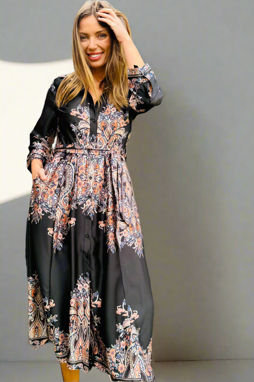 Madeline  Shirt Dress In Black Multi Print-New Arrival