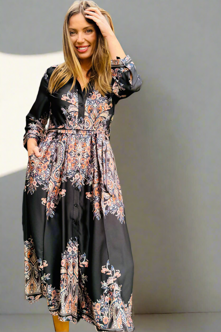 Madeline  Shirt Dress In Black Multi Print-New Arrival
