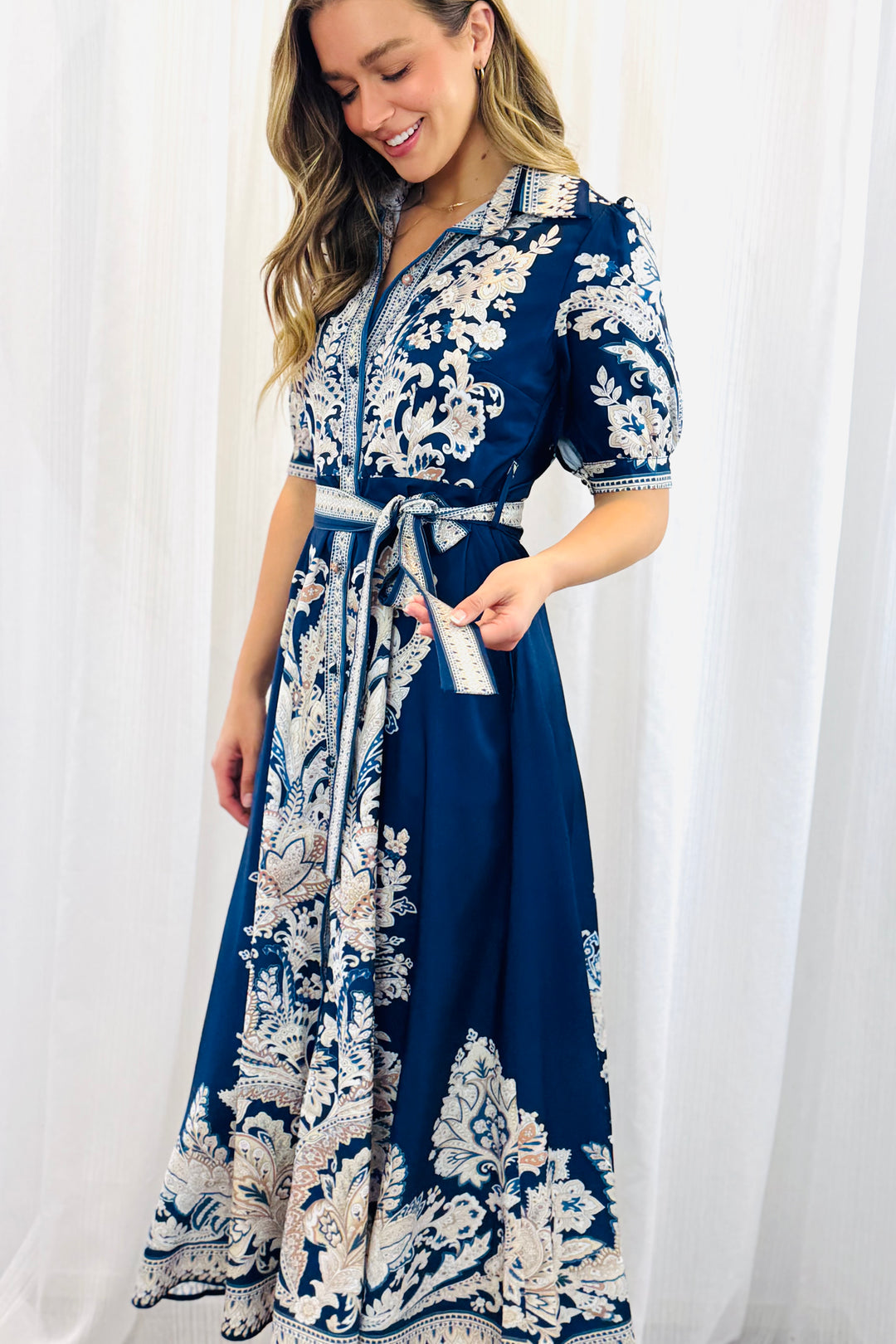 Lopez Embroidered Print Shirt Dress  In Navy