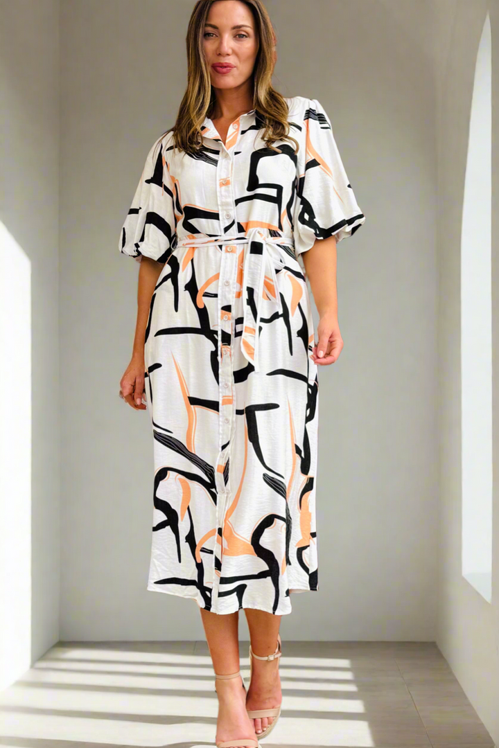 Leah Multi Print Dress in Off White
