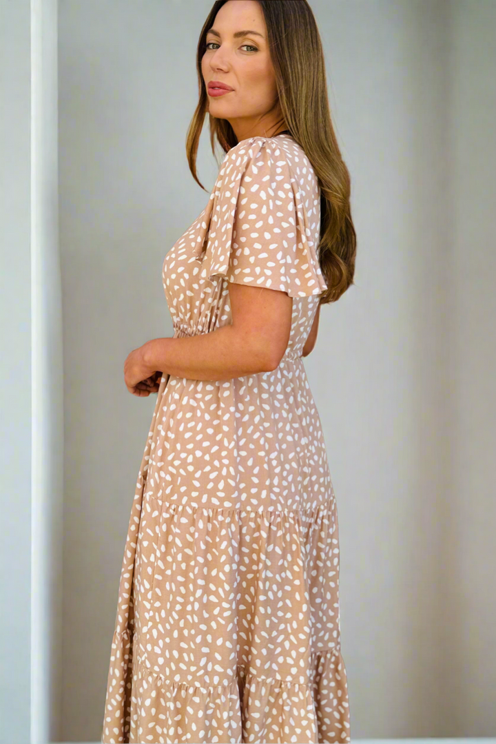 Eliza Midi Dress in Latte and White Spot