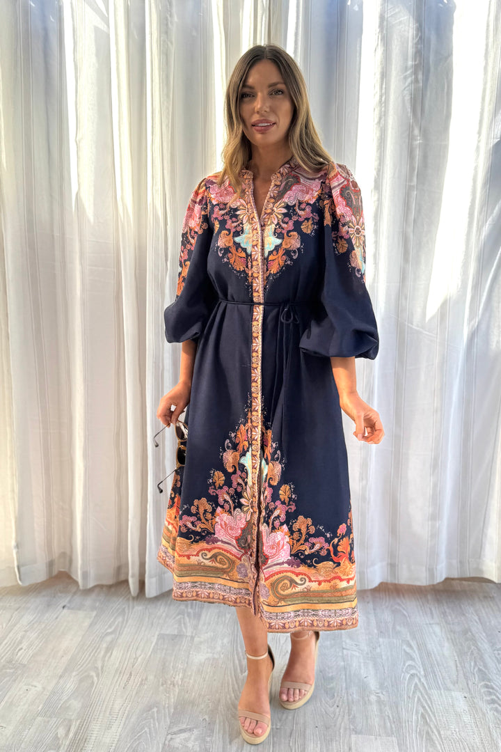 Alani Navy Embroidered Print Midi Dress