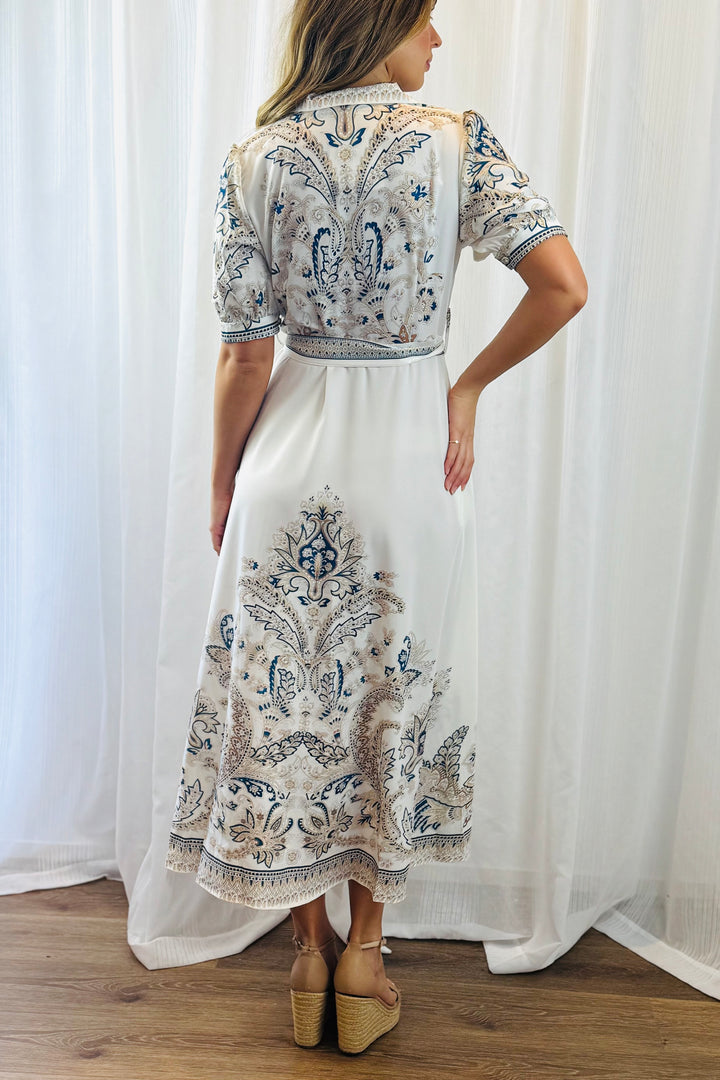 Lopez Embroidered Print Dress  in White