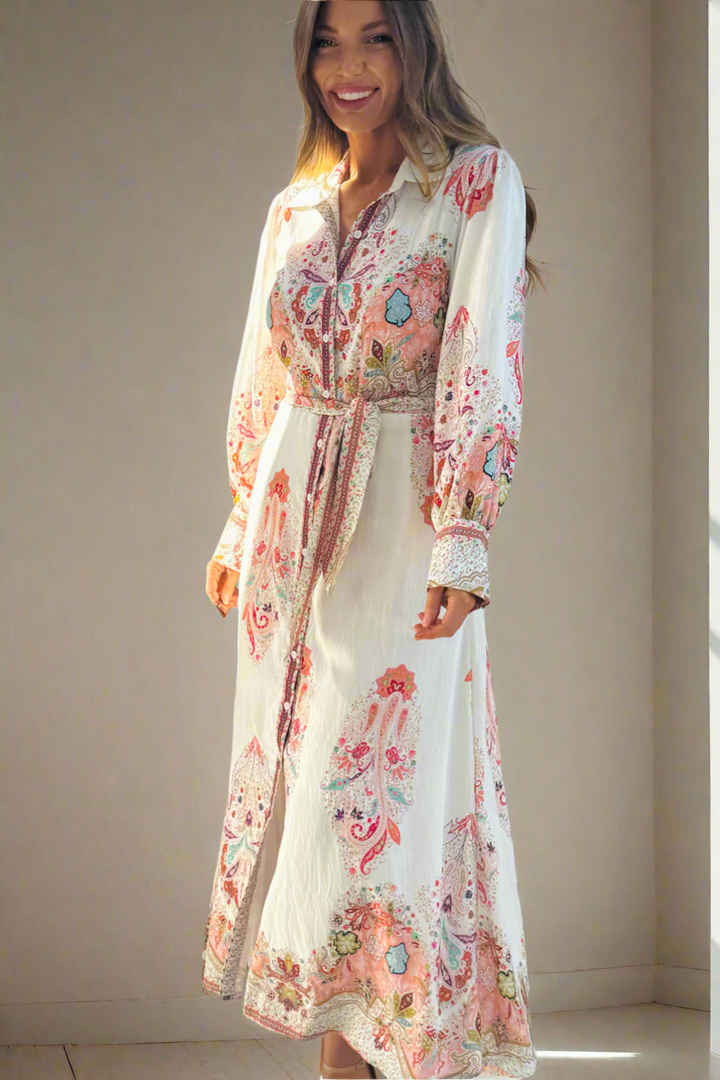 Gidget Embroidered Print Dress in Off White