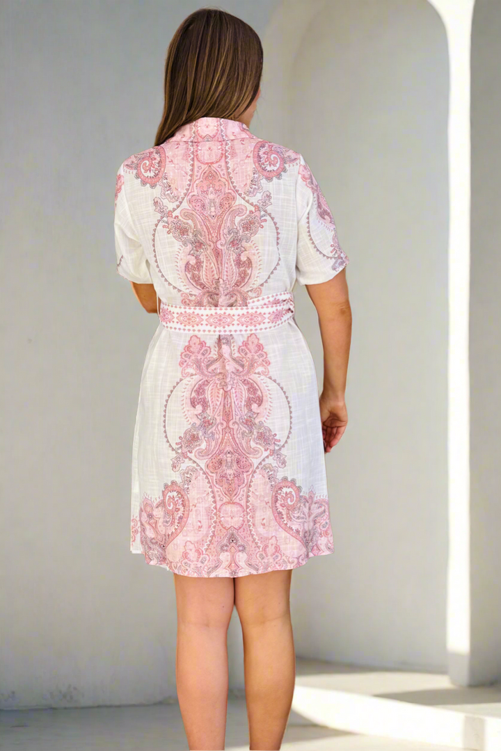 Greta White Shirt Dress with Pink Embroidered Print
