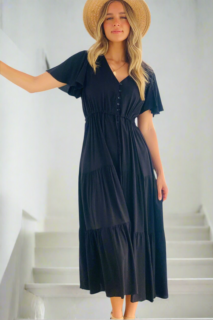 Santorini Short Sleeve Midi Dress in Black