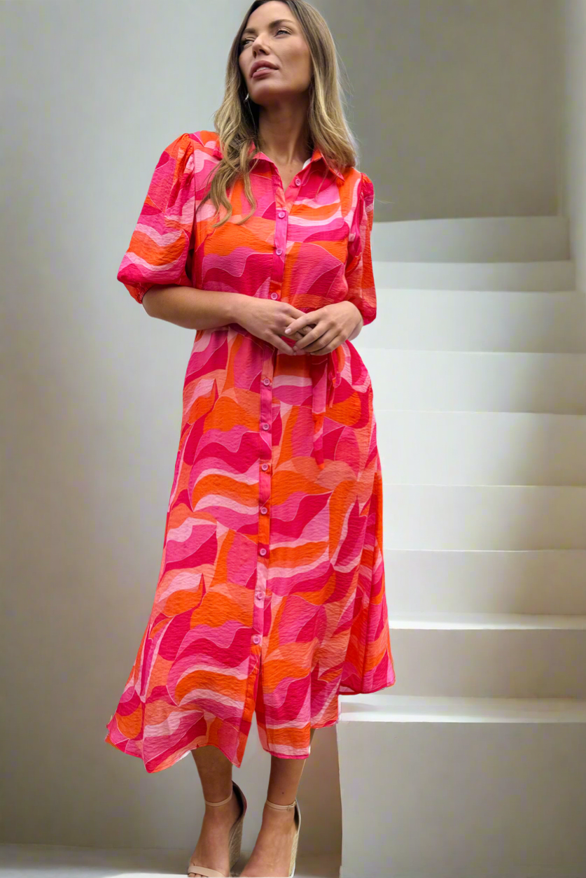 Fallon Shirt Dress In Pink and Orange Multi Print-Coming Soon