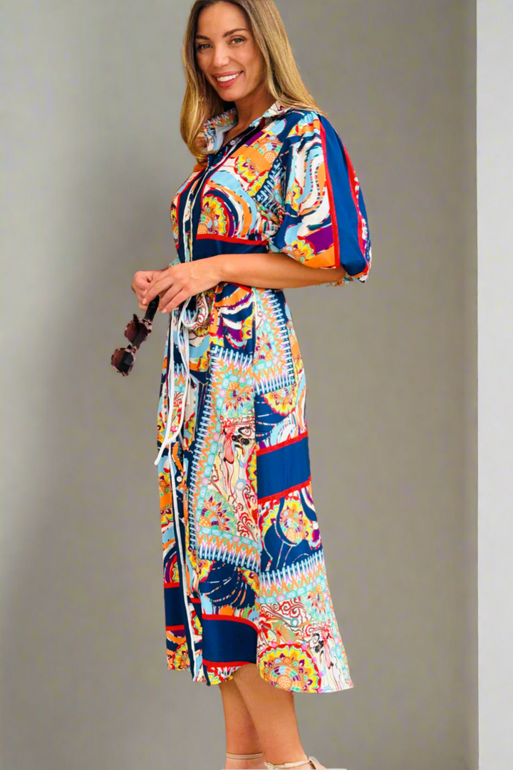 Jasmine Shirt Style Maxi Dress in Multicolour Print