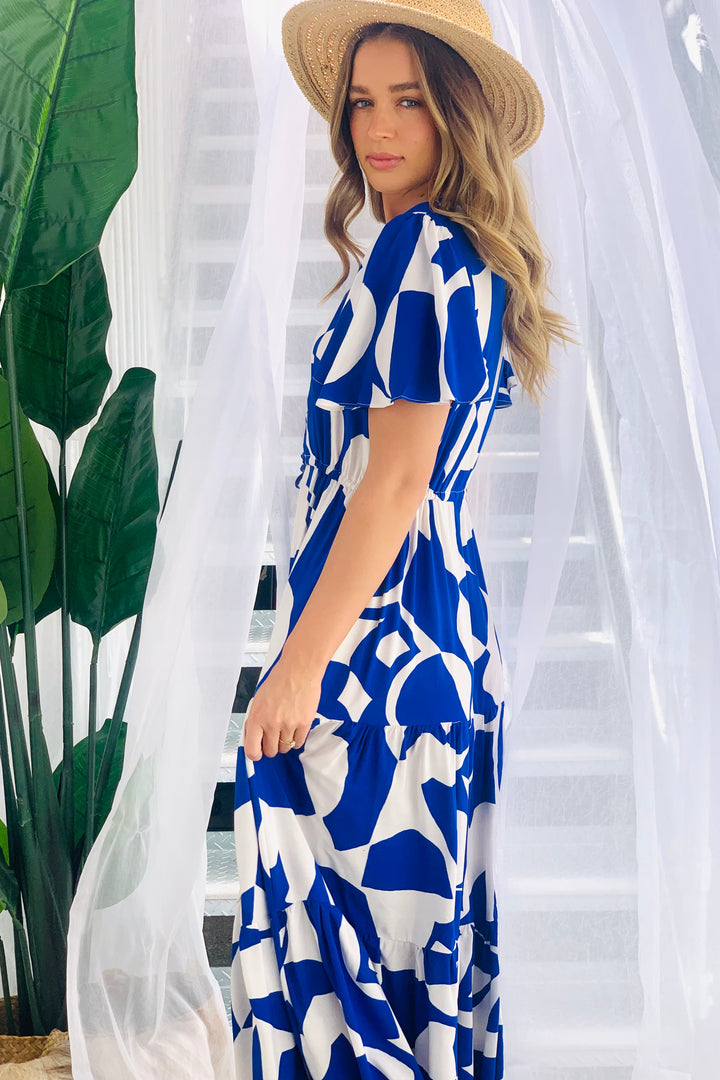 Santorini Midi Dress in Blue and White Print