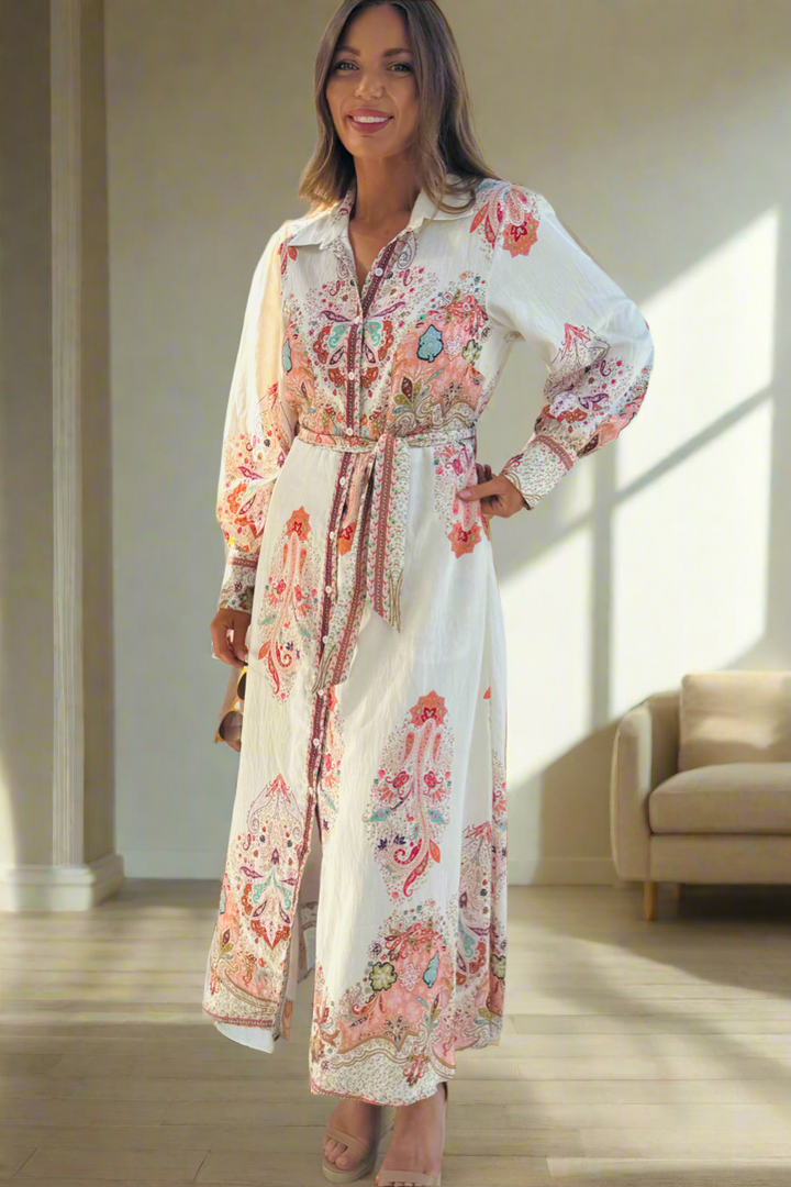 Gidget Embroidered Print Dress in Off White