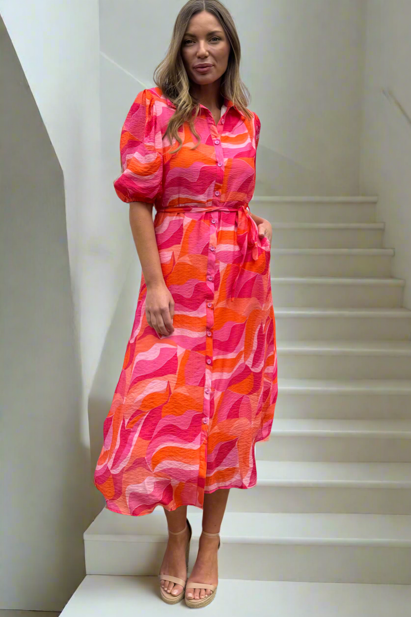 Fallon Shirt Dress In Pink and Orange Multi Print-Coming Soon