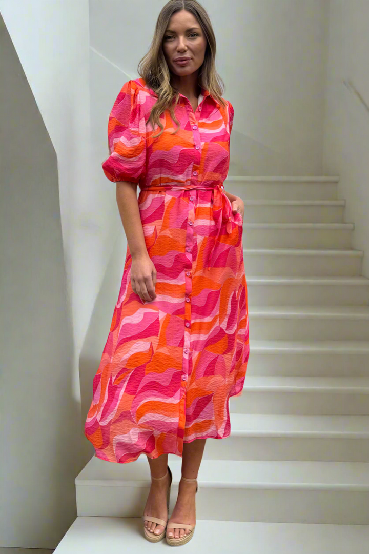 Fallon Shirt Dress In Pink and Orange Multi Print-Coming Soon