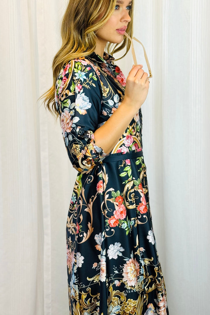 Mileaka Dress in Black With Floral Multi Print.