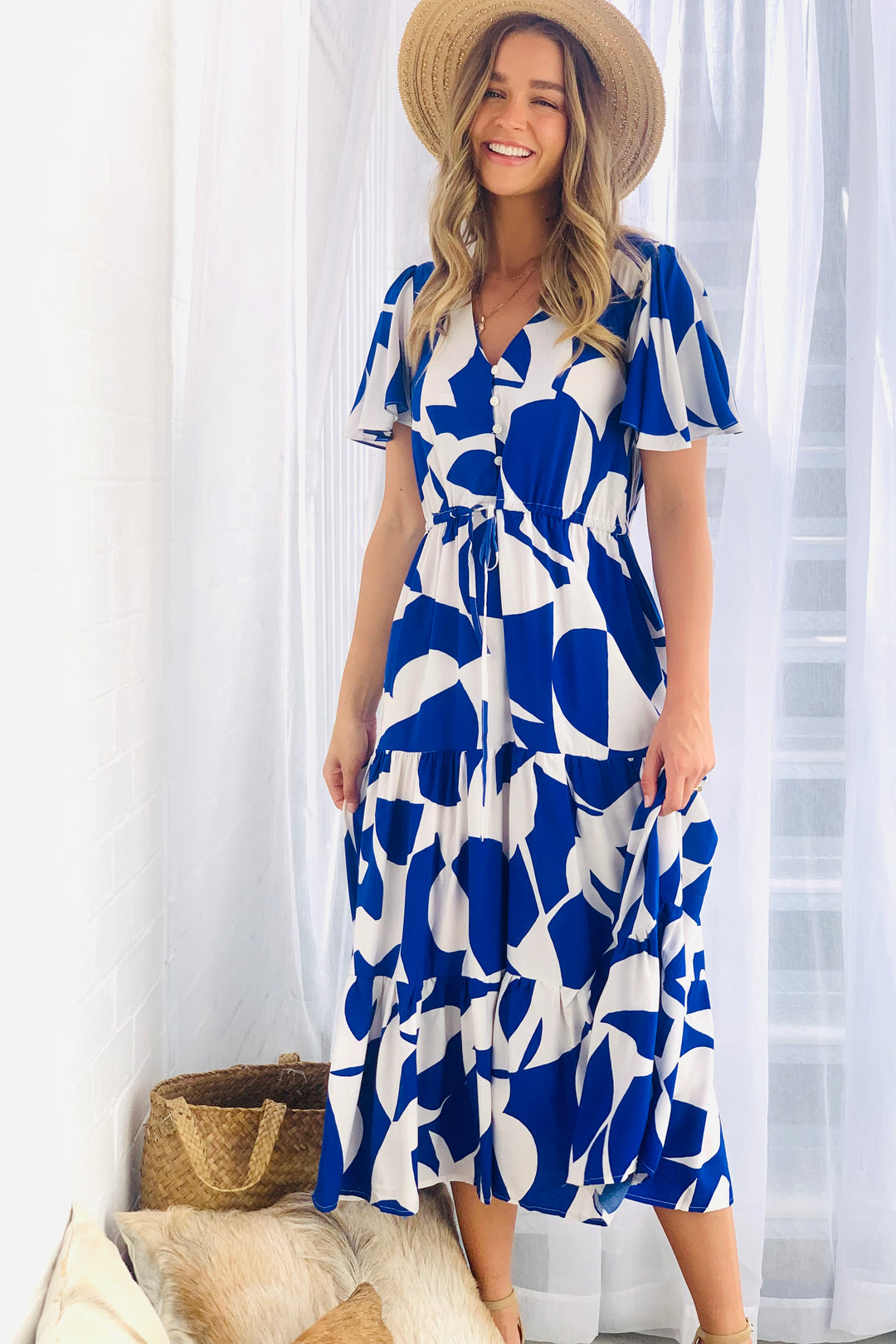 Santorini Midi Dress in Blue and White Print
