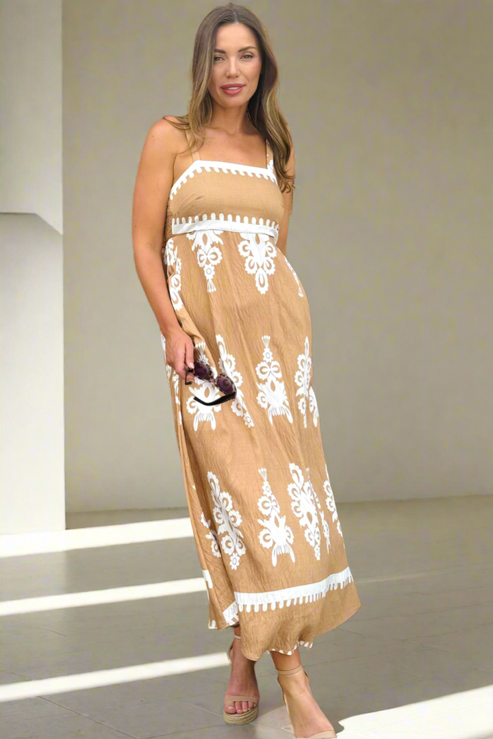 Positano Embroidery Print Maxi Dress in Latte and White