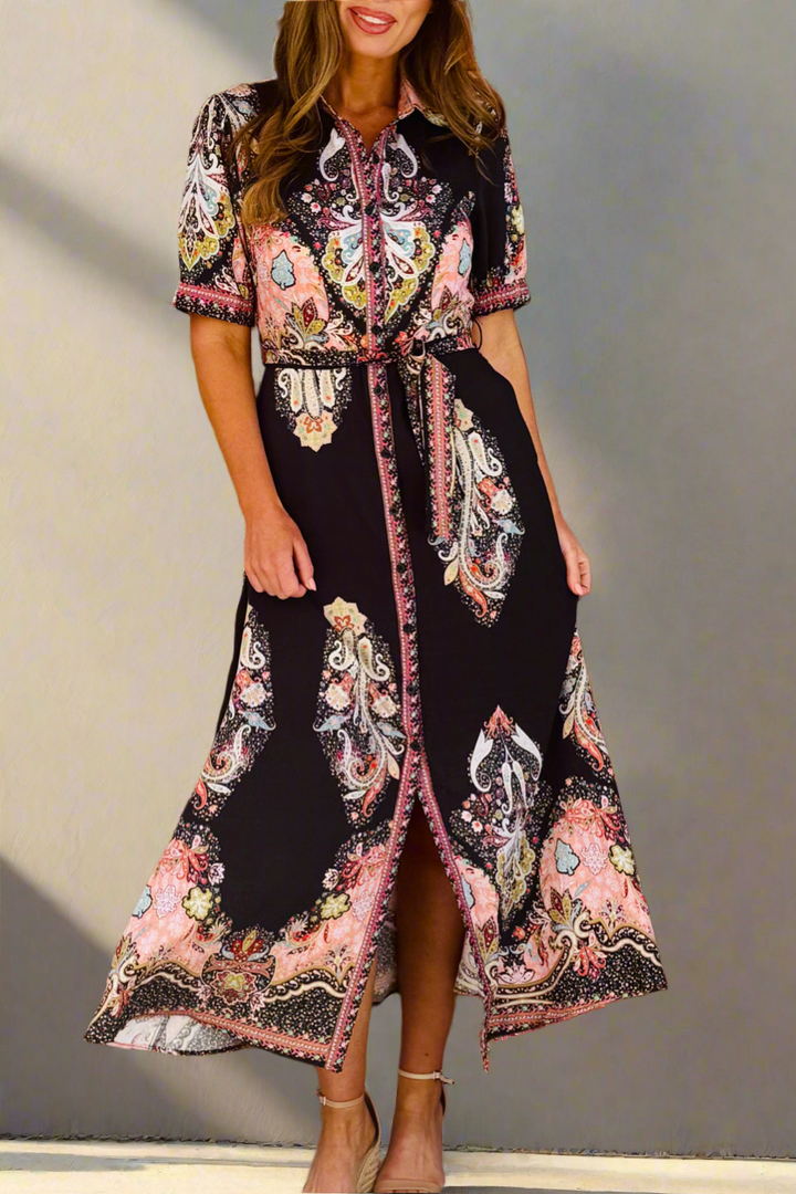 Gidget Embroidered Print Dress in Black