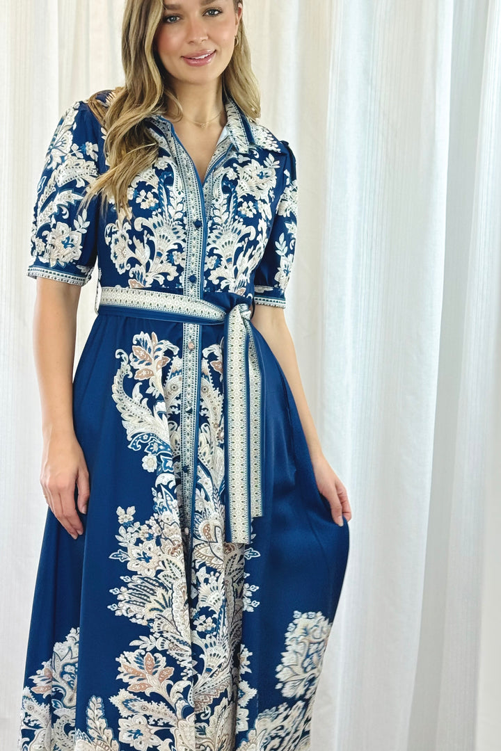 Lopez Embroidered Print Shirt Dress  In Navy