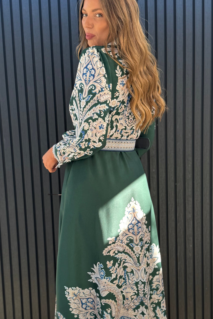 Lopez Long Sleeve Dress in Green Embroidered Print