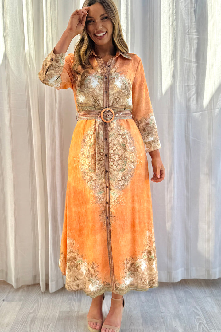 Marni Maxi Embroidered Print Dress in Orange