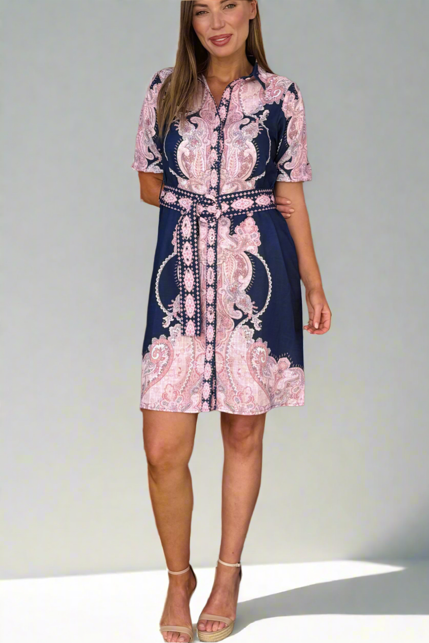 Greta Embroidered Print Shirt Dress in Navy and Pink