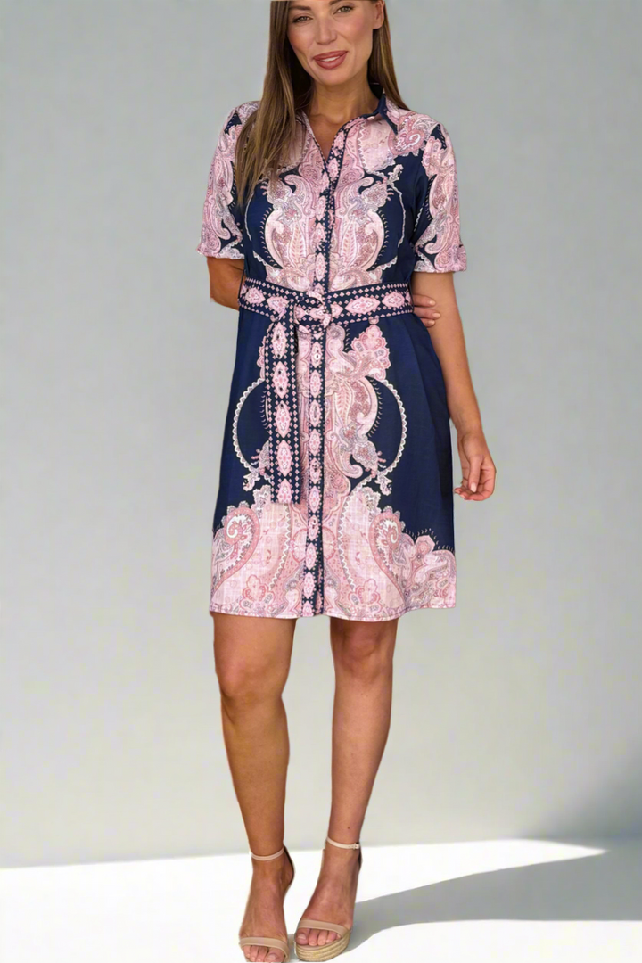 Greta Embroidered Print Shirt Dress in Navy and Pink