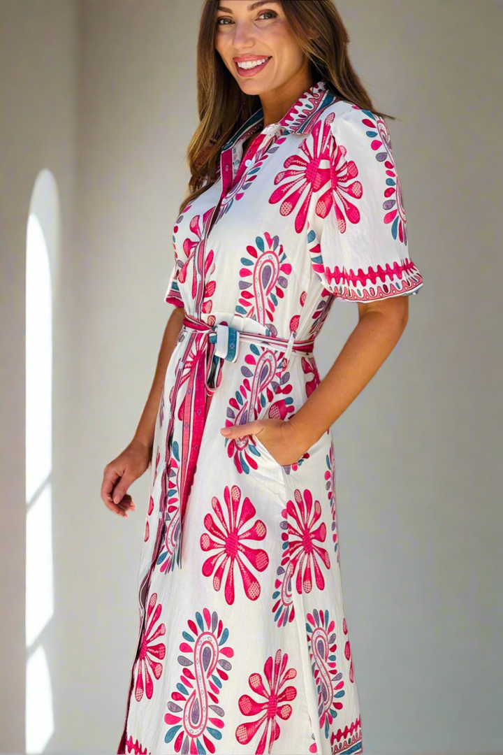 Campbell Midi Shirt Dress in Off White Pink/ Red and Green Print