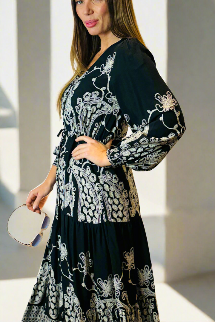 Davina Midi Dress in Black and White Print