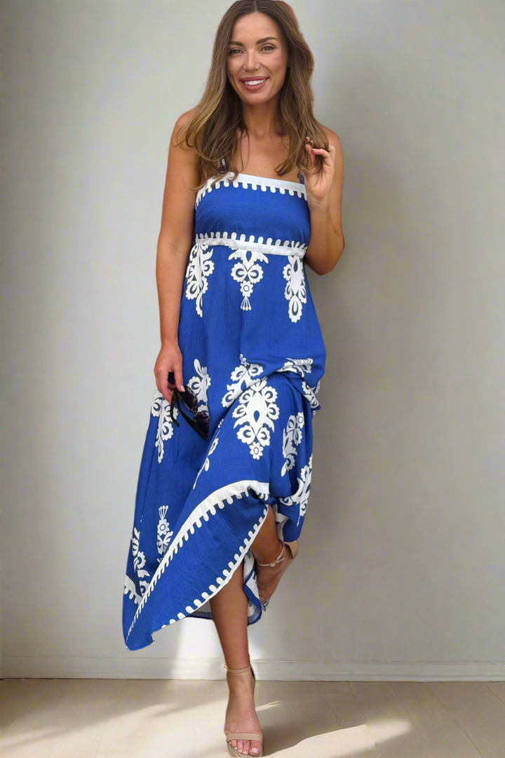 Positano Embroidery Print Maxi Dress in Blue