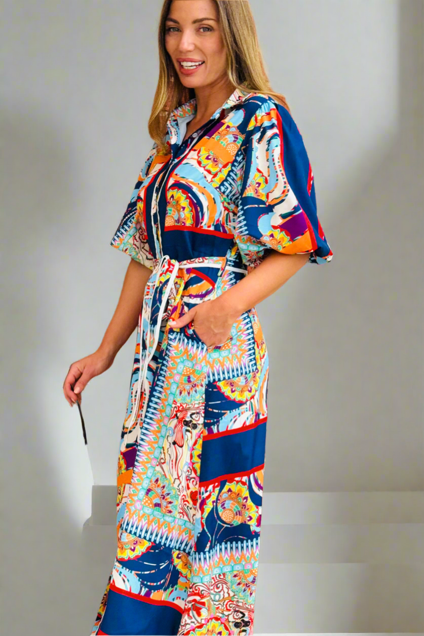 Jasmine Shirt Style Maxi Dress in Multicolour Print