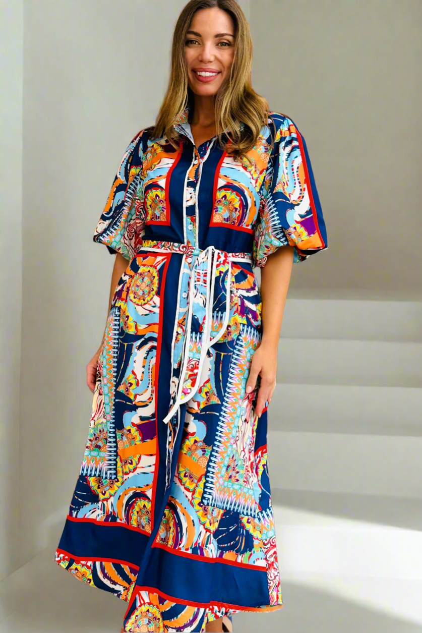 Jasmine Shirt Style Maxi Dress in Multicolour Print