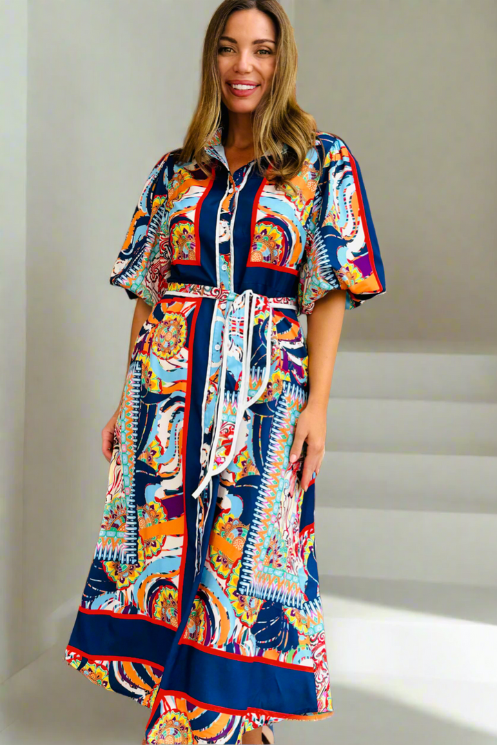 Jasmine Shirt Style Maxi Dress in Multicolour Print