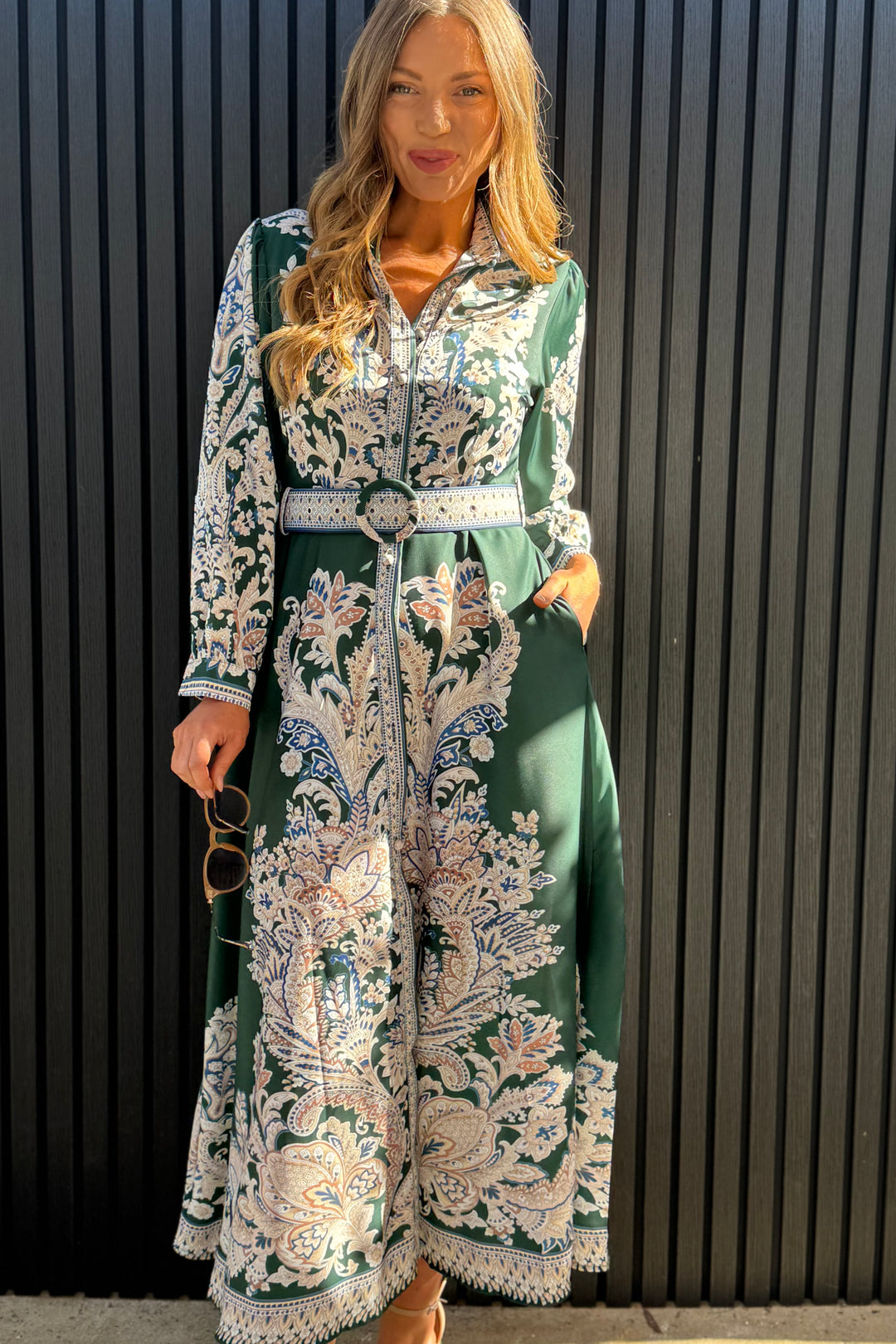 Lopez Long Sleeve Dress in Green Embroidered Print