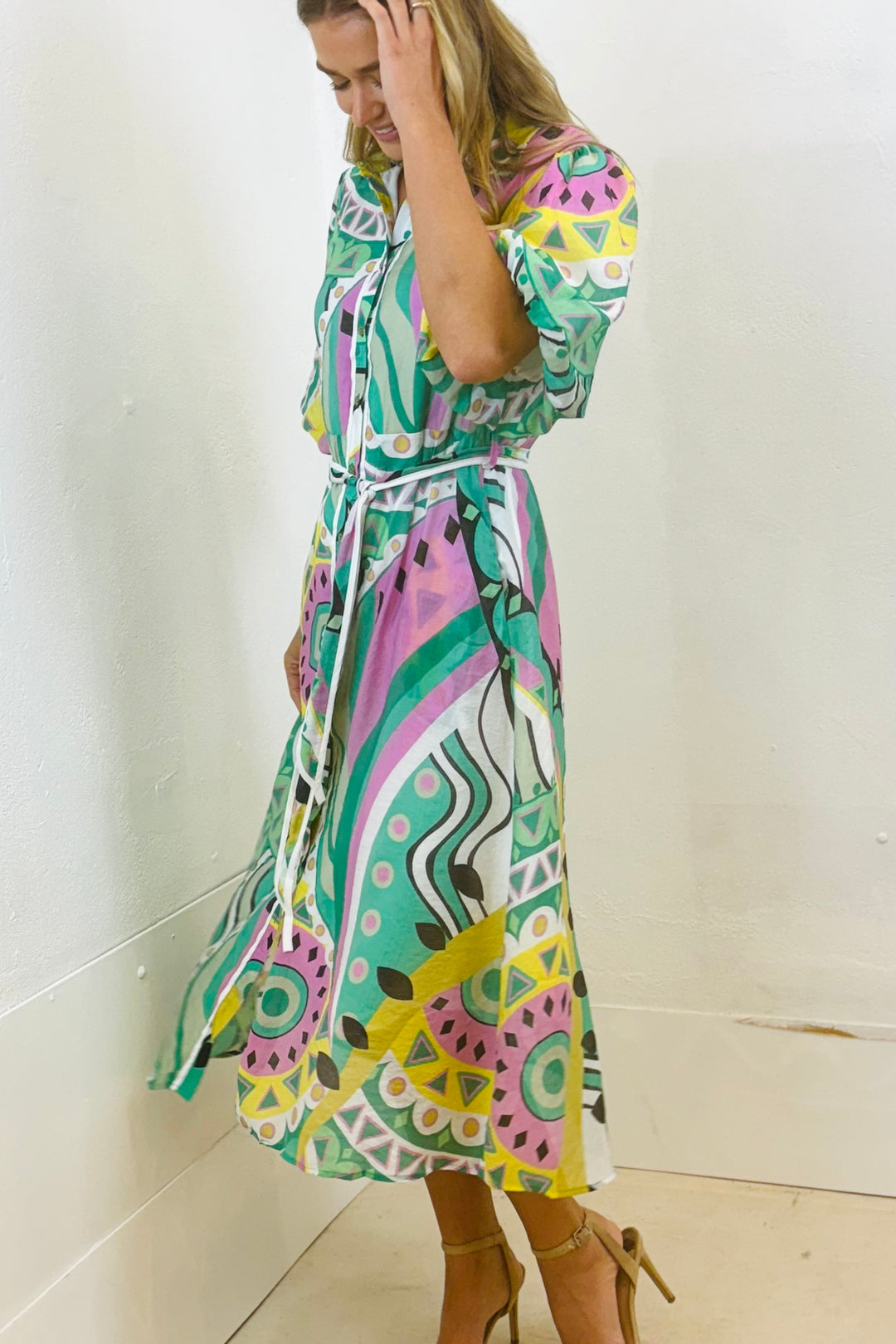 Leah Dress in Mint Colour Print