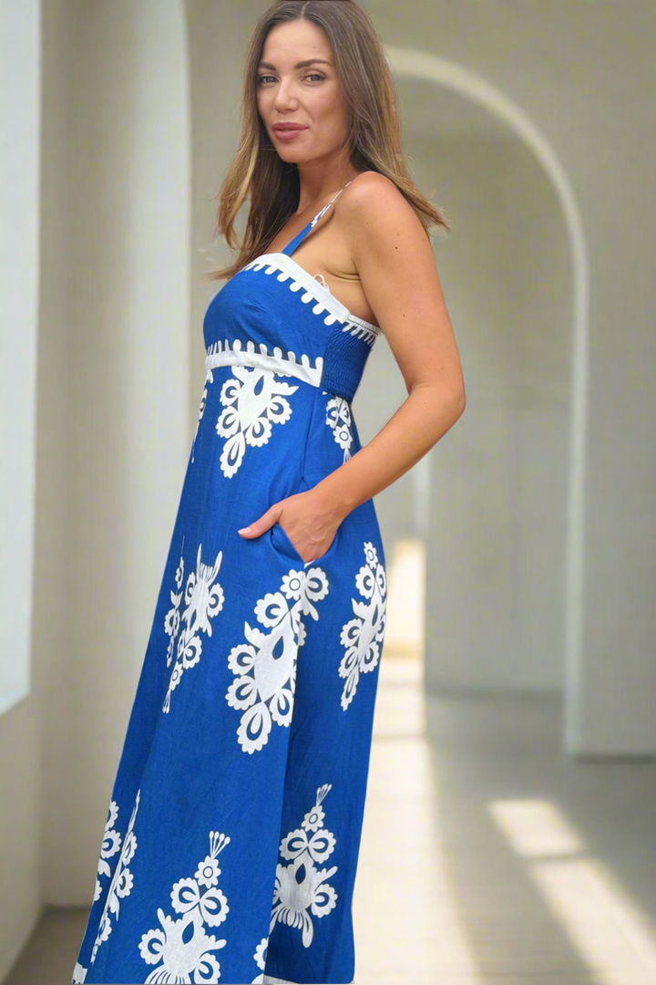 Positano Embroidery Print Maxi Dress in Blue