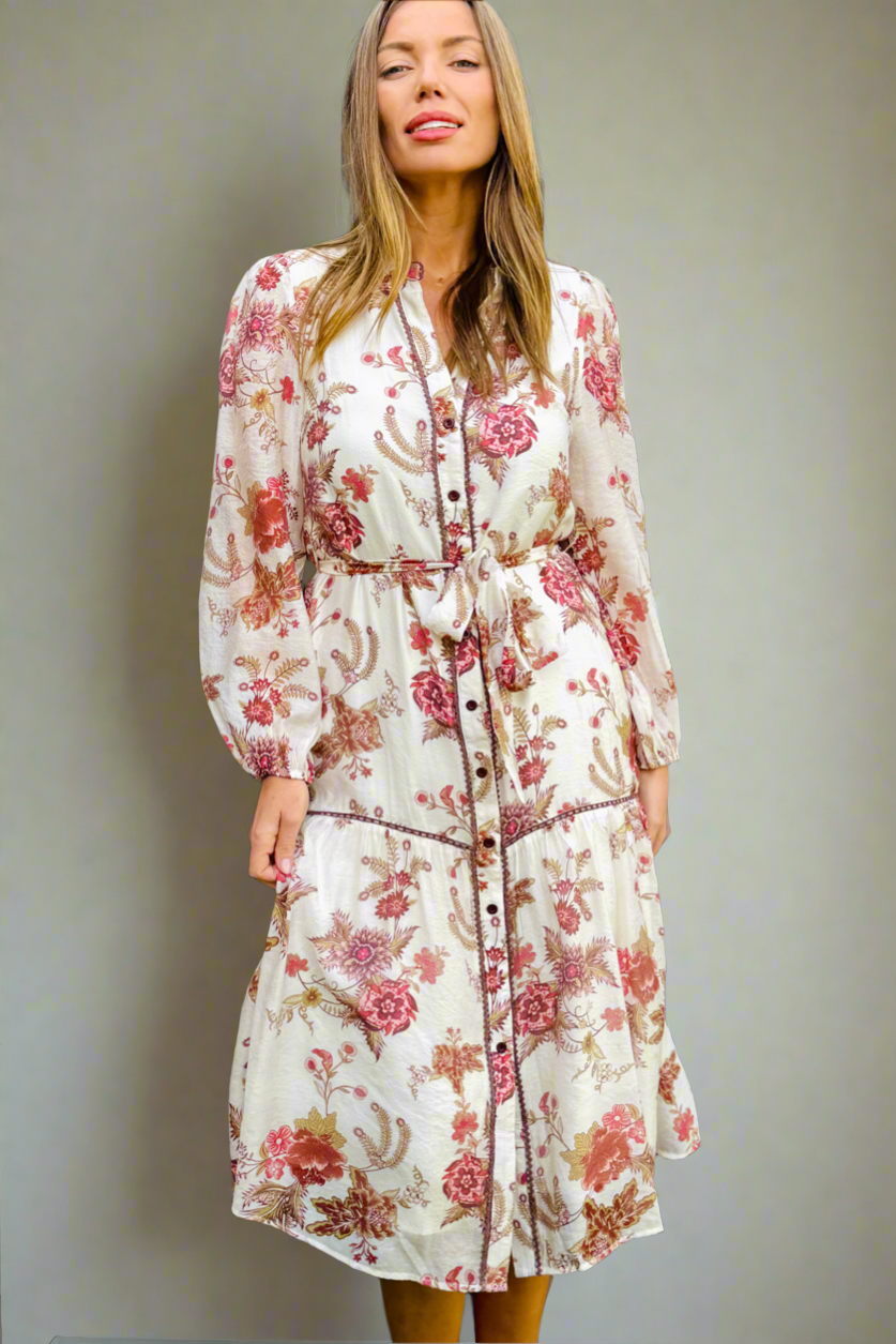 Abigail Midi Print Dress in Off White and Claret.